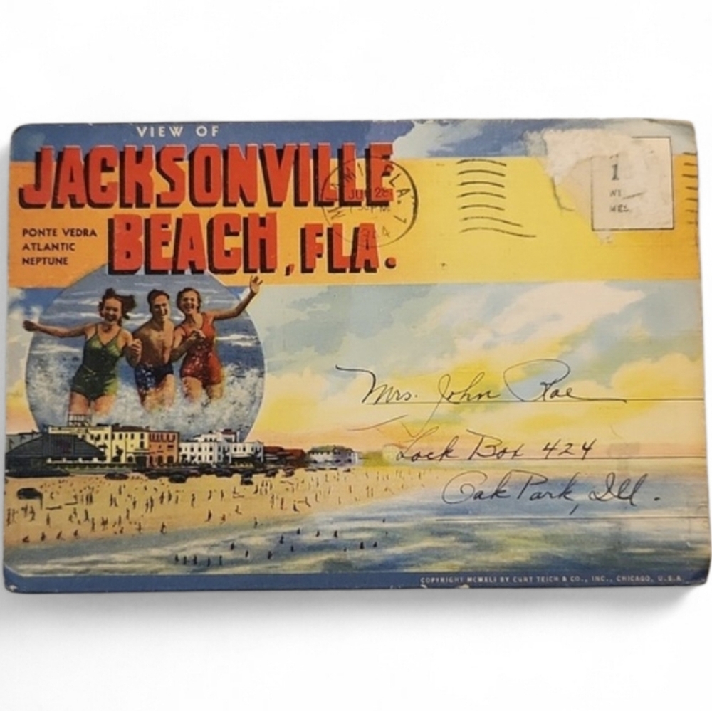 1940s Jacksonville Beach FL Linen Postcard Folder Curt Teich